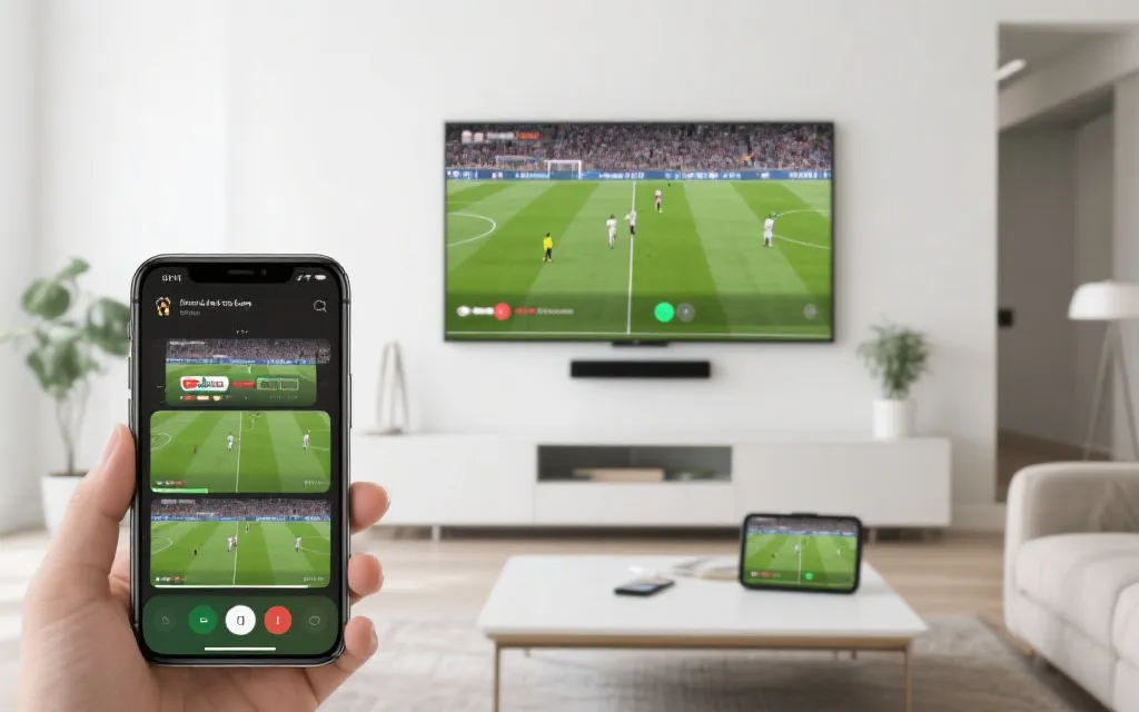 手机与电视同时播放足球比赛的多设备观看场景